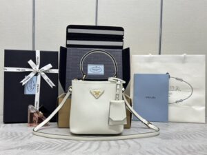 Fake Prada Saffiano Black Bucket White - affordable luxury replica bag