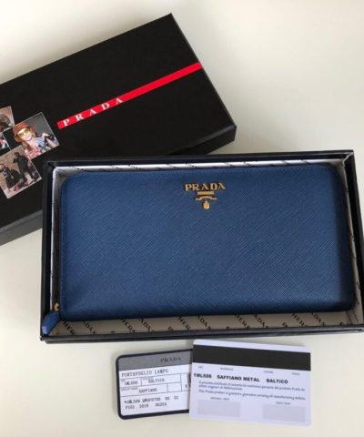 Replica Prada Saffiano Long Zipper Wallet Blue - high-end replica designer purse