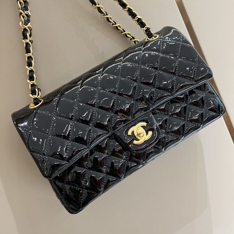 CHANEL Classic Flap 25cm Patent Black - chanel patent leather replica front view