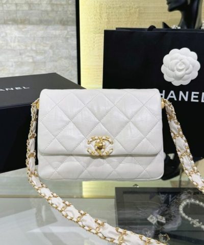 CHANEL 19 Mini Flap White Bag - fake chanel 19 mini front view