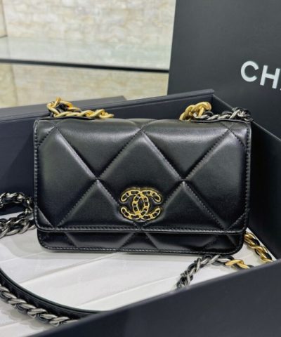 CHANEL 19 Wallet on Chain Black - fake chanel woc front view