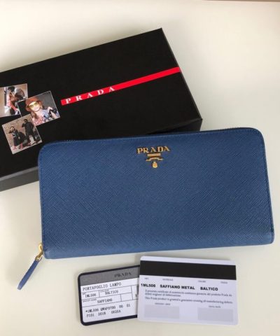Prada Saffiano Uzun Fermuarlı Cüzdan Mavi Replica