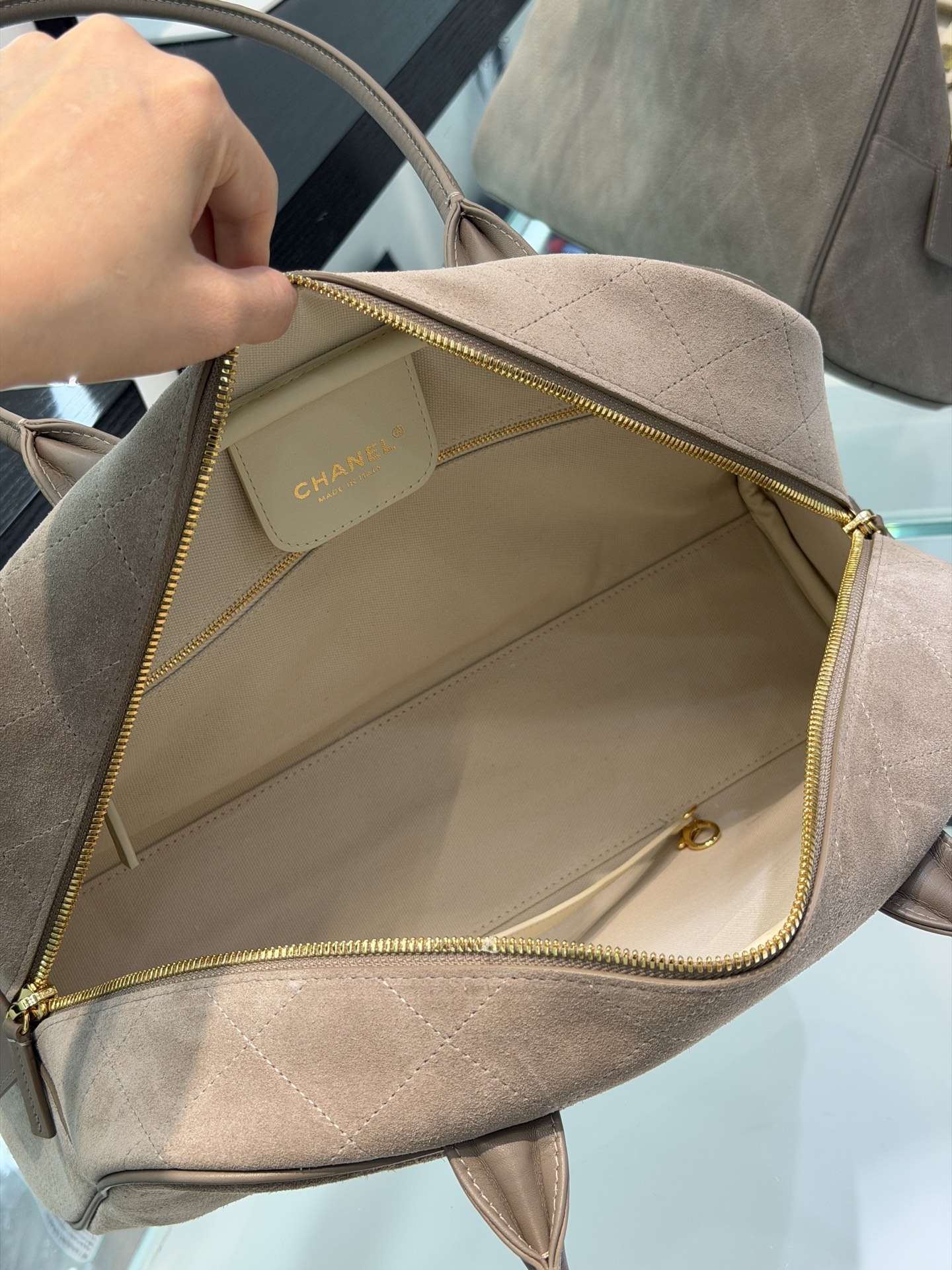 71688_suede_tan_4 Chanel Large Bowling Bag Suede Tan - chanel bowling bag replica detail 3