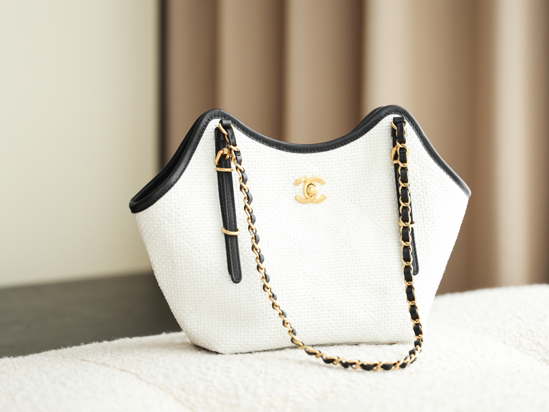 Chanel 25S Maxi Shopping Tote White Woven - fake chanel maxi tote front view
