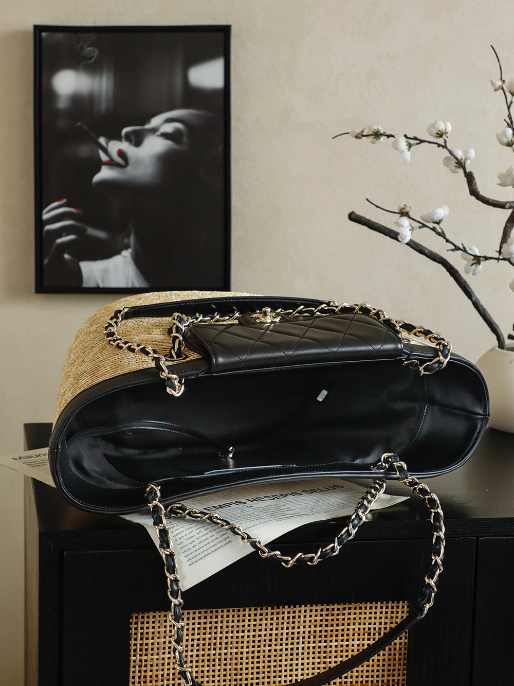 71853_black_2 Chanel Large Shopping Raffia Tote Black - chanel shopping tote replica detail 1
