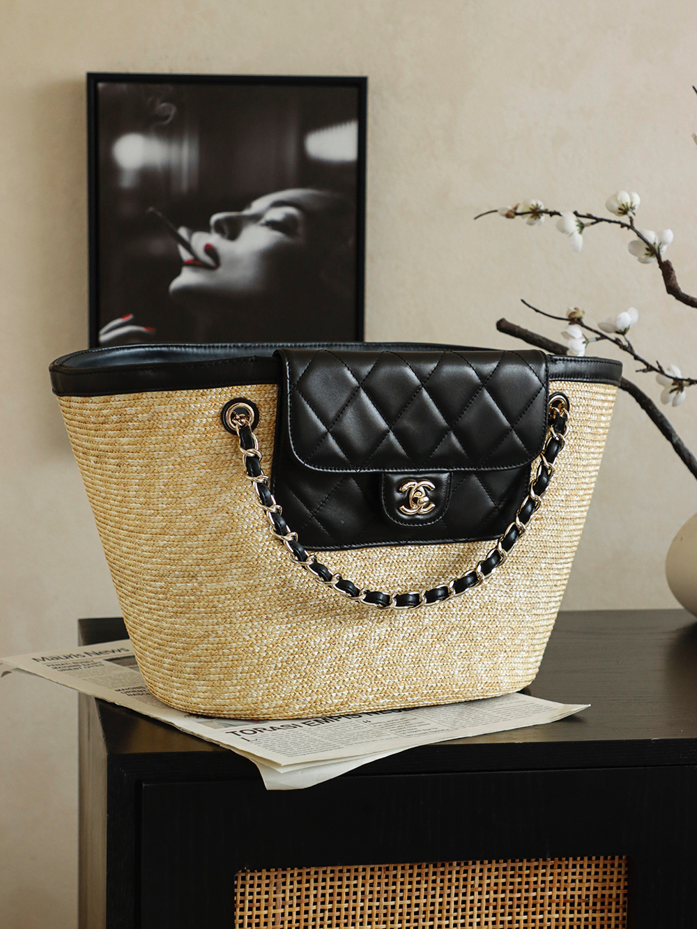 71853_black_6 Chanel Large Shopping Raffia Tote Black - chanel shopping tote replica detail 5