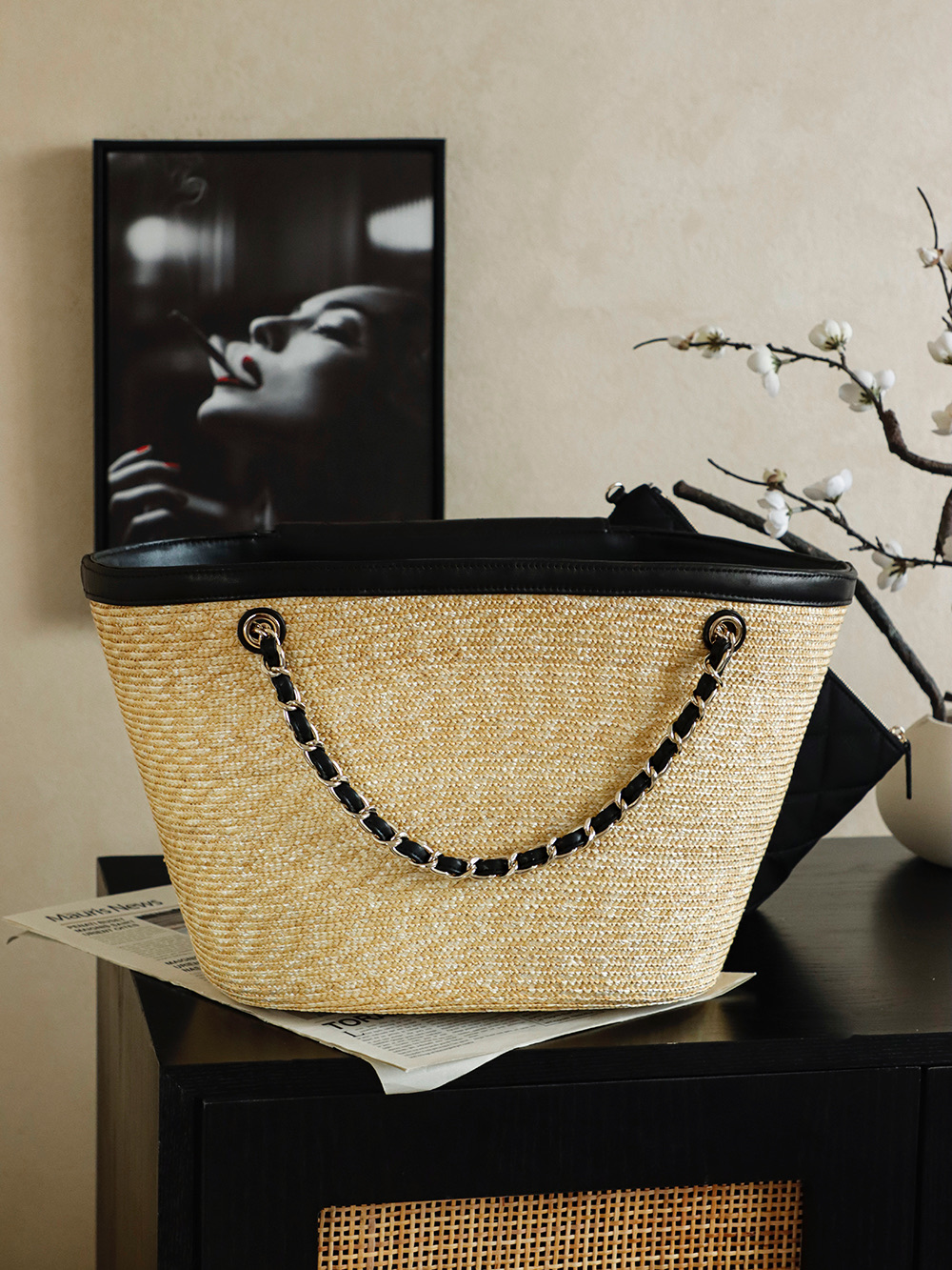 71853_black_7 Chanel Large Shopping Raffia Tote Black - chanel shopping tote replica detail 6