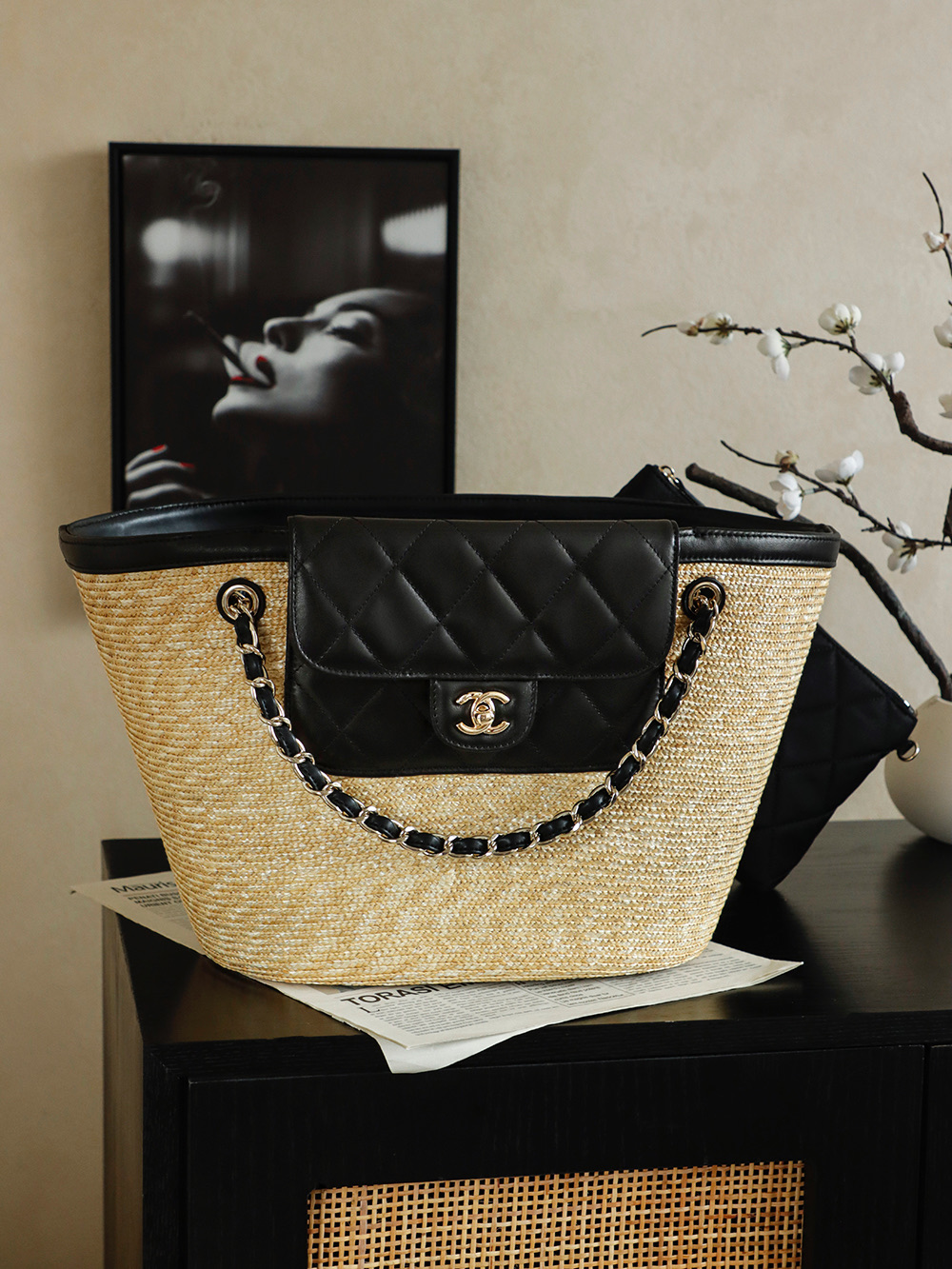 71853_black_9 Chanel Large Shopping Raffia Tote Black - chanel shopping tote replica detail 8