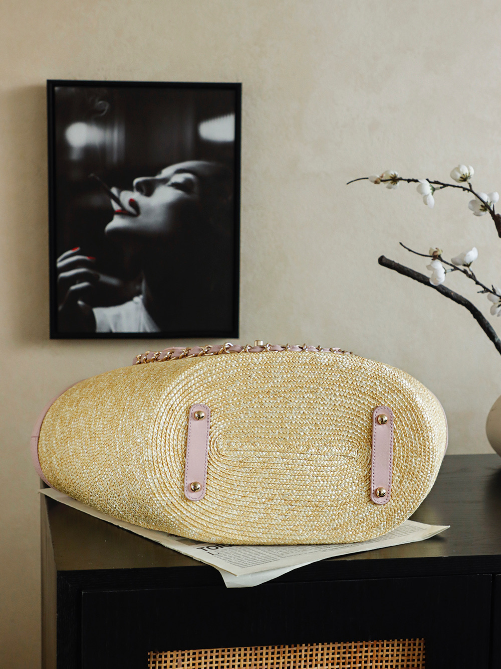 Chanel Large Shopping Raffia Tote Pink - fake chanel tote detail 1