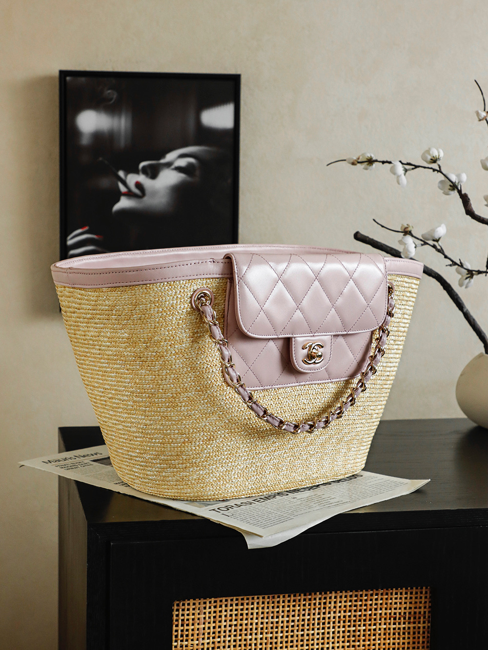 Chanel Large Shopping Raffia Tote Pink - fake chanel tote detail 2