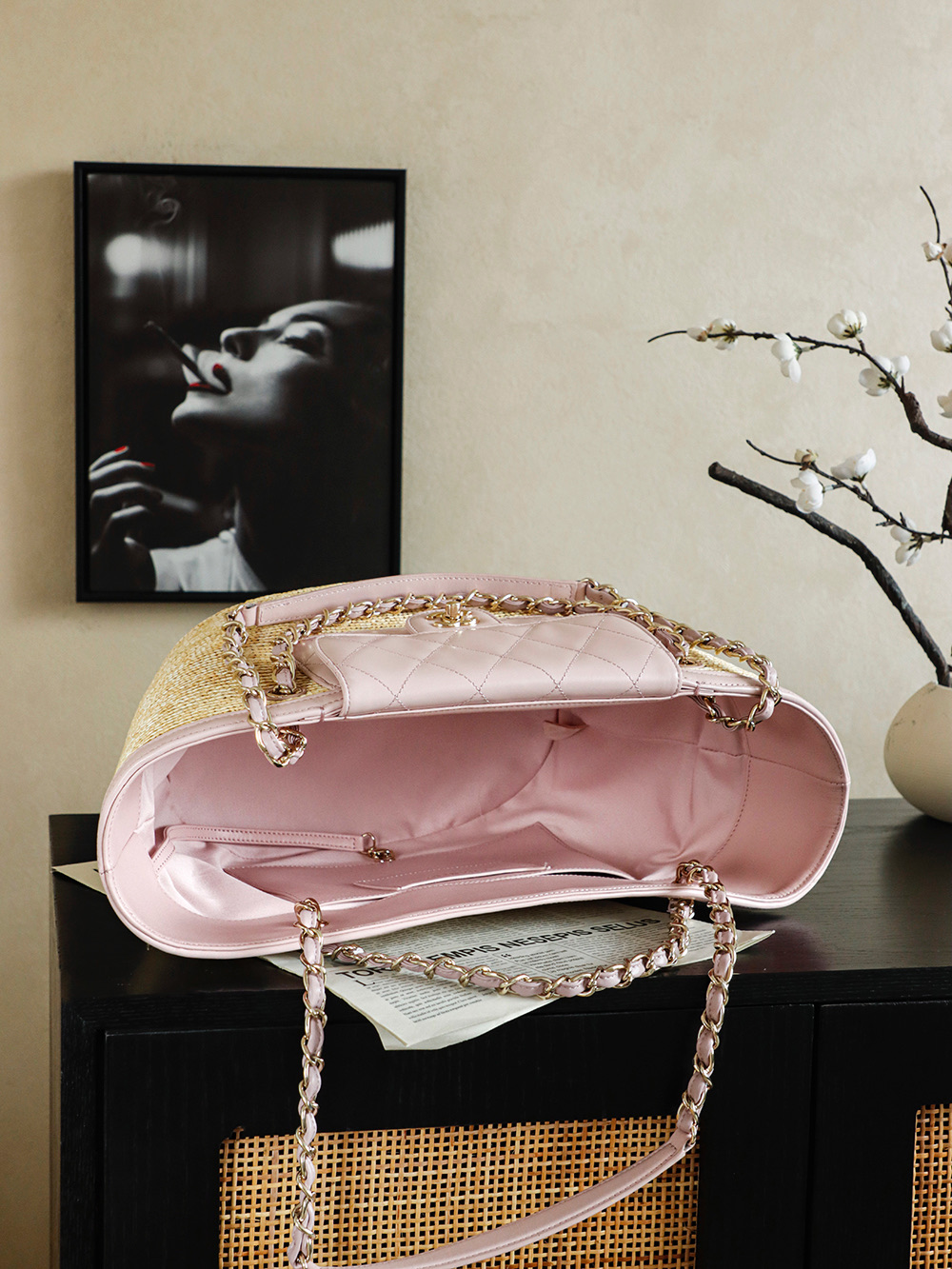 Chanel Large Shopping Raffia Tote Pink - fake chanel tote detail 3