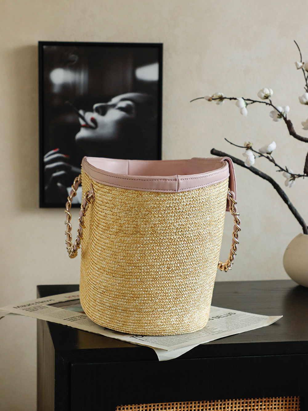Chanel Large Shopping Raffia Tote Pink - fake chanel tote detail 4