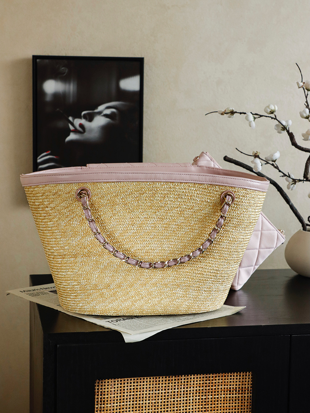 Chanel Large Shopping Raffia Tote Pink - fake chanel tote detail 5