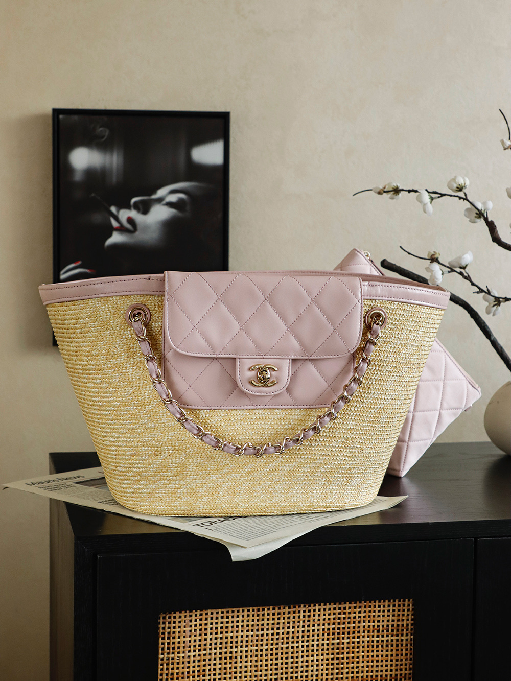 Chanel Large Shopping Raffia Tote Pink - fake chanel tote detail 7