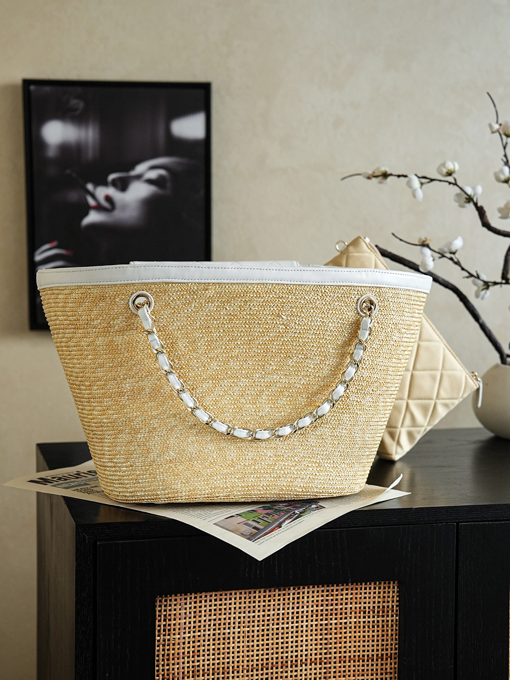 Chanel Large Shopping Raffia Tote White - chanel raffia tote dupe detail 2
