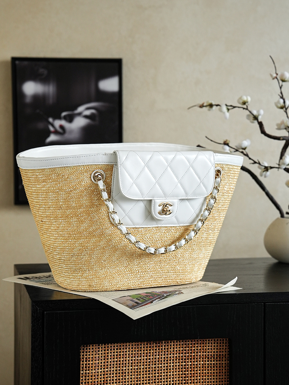 Chanel Large Shopping Raffia Tote White - chanel raffia tote dupe detail 3