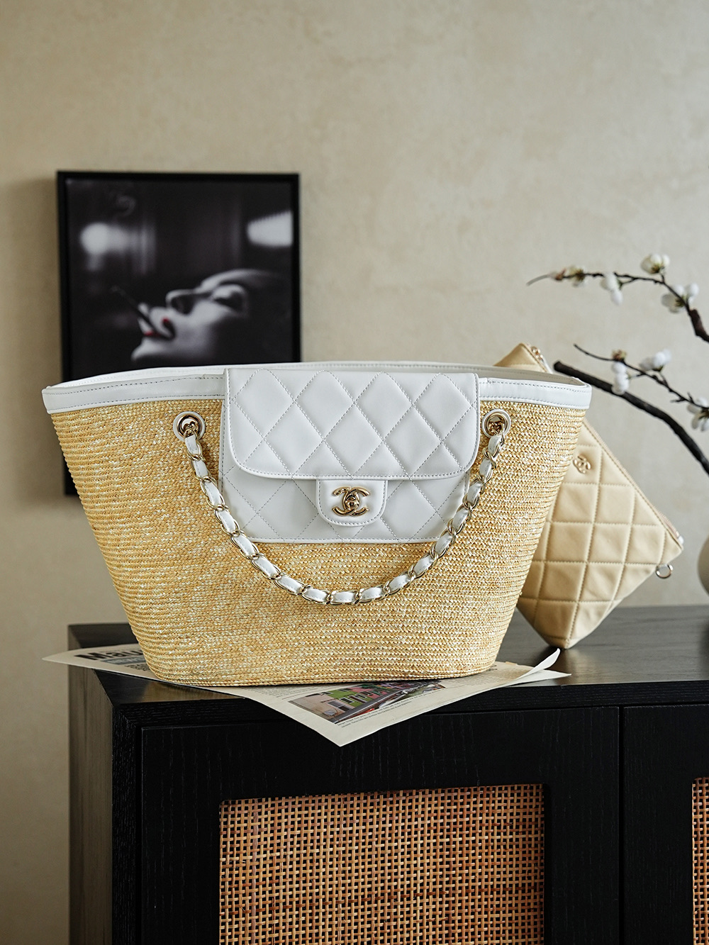 Chanel Large Shopping Raffia Tote White - chanel raffia tote dupe detail 4