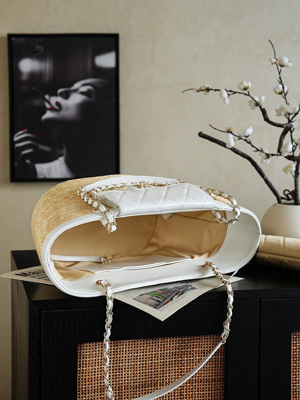 Chanel Large Shopping Raffia Tote White - chanel raffia tote dupe detail 7