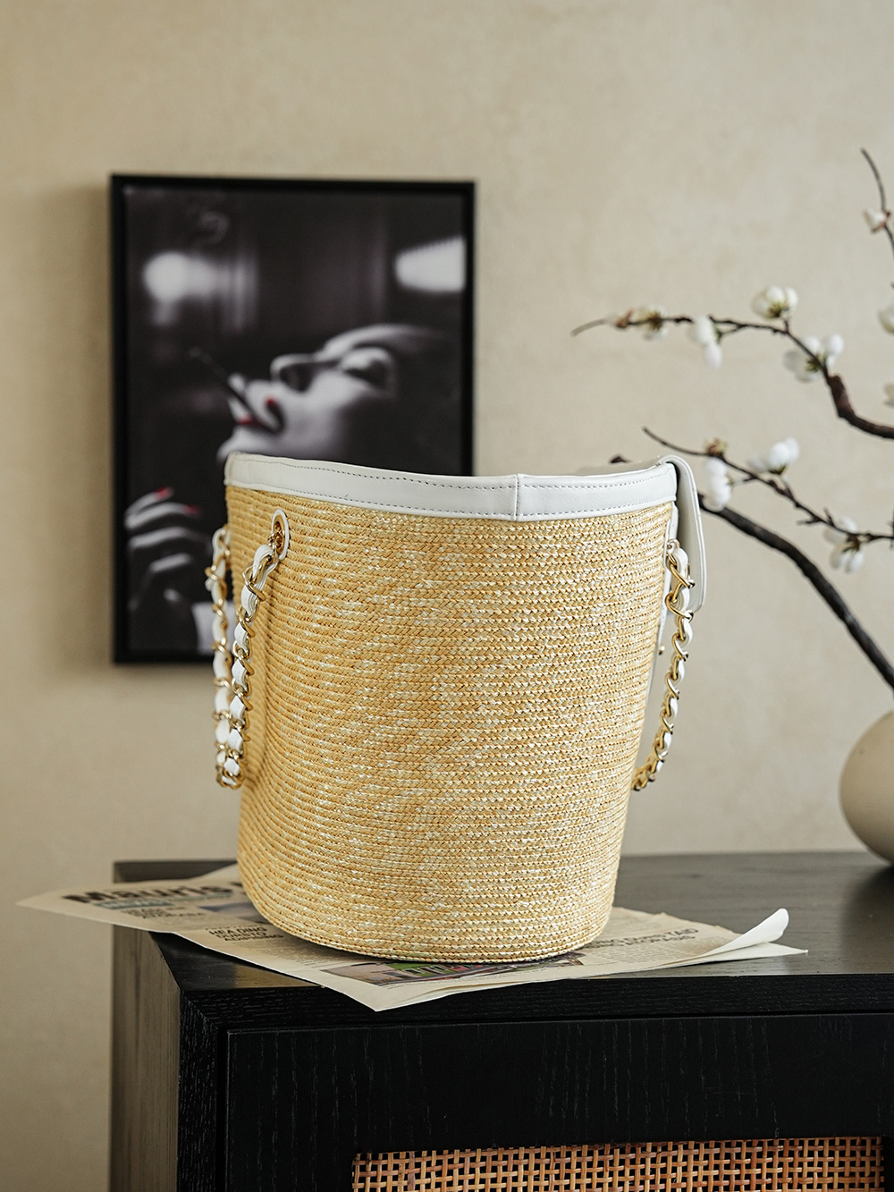 Chanel Large Shopping Raffia Tote White - chanel raffia tote dupe detail 8