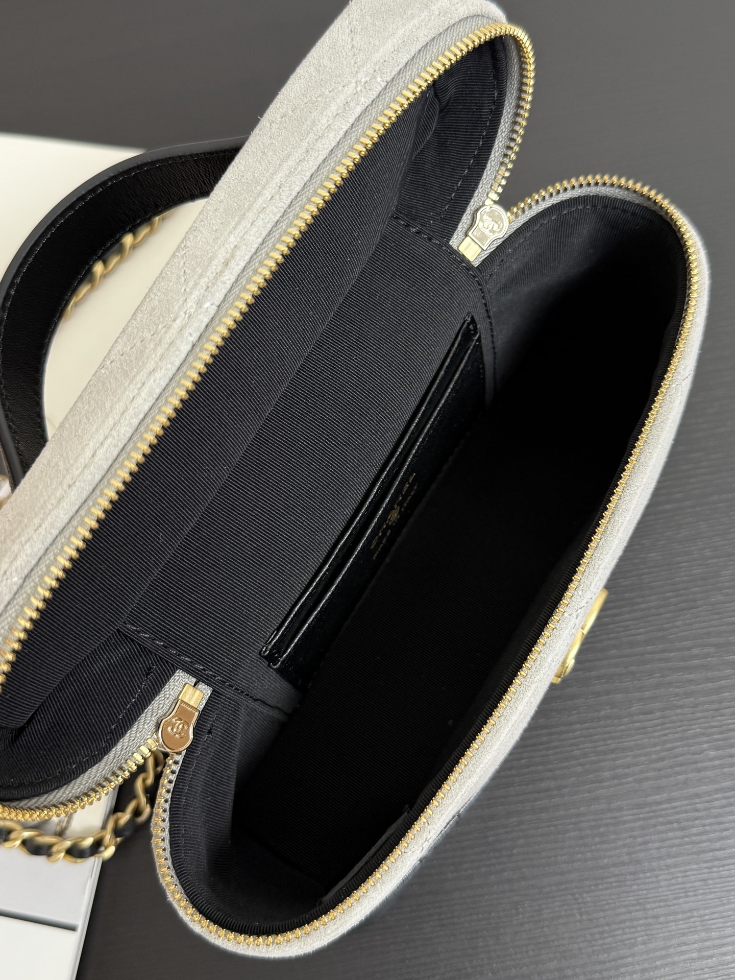 71952_grey-suede_2 Chanel 26S Vanity with Chain Grey Suede - chanel suede vanity replica detail 1