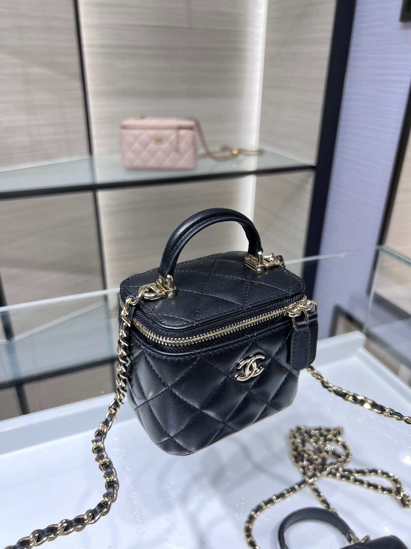 72026_black_1 Chanel Mini Vanity Black - chanel vanity dupe front view