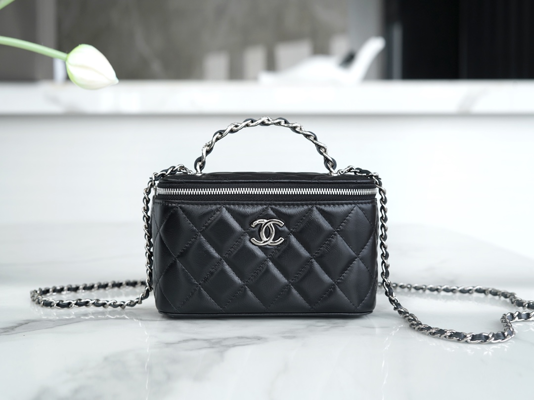 72067_black_1 Chanel Vanity Metal Top Handle Black - chanel vanity bag replica front view
