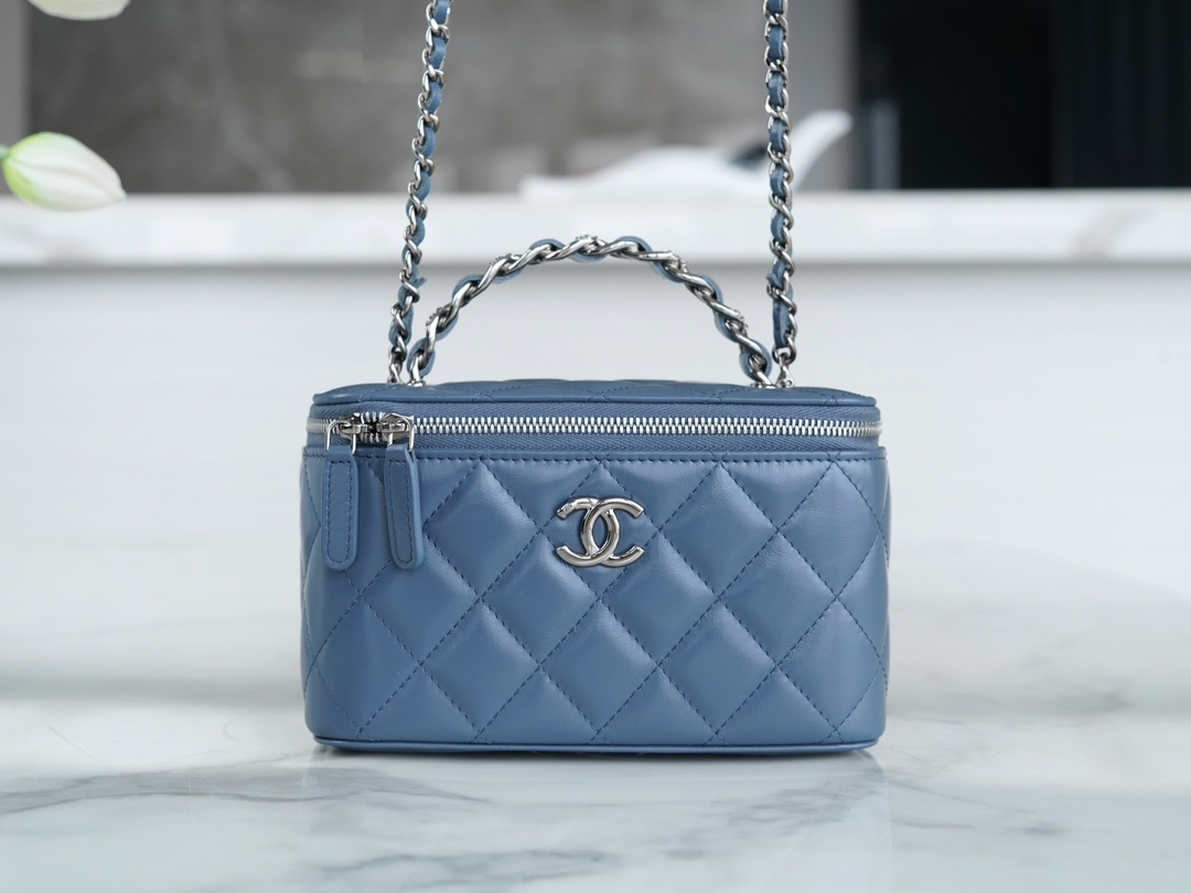Chanel Vanity Metal Top Handle Cyan - chanel cyan vanity dupe front view