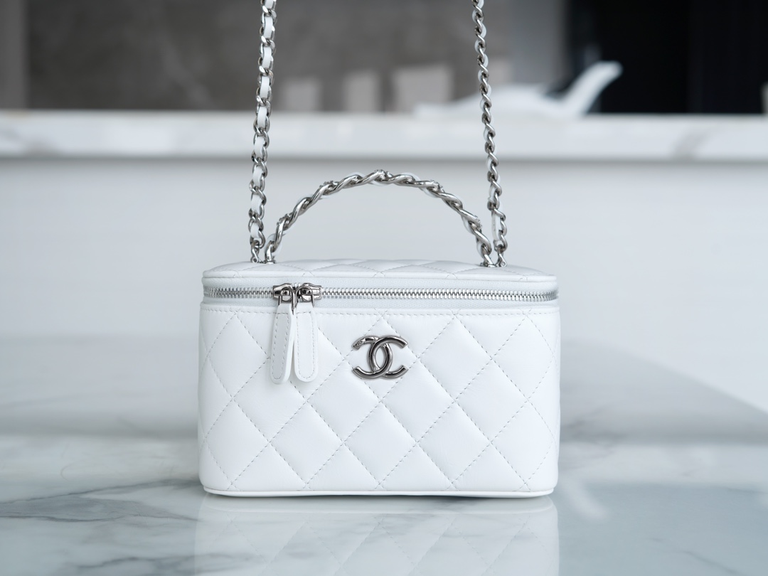 72070_white_1 Chanel Vanity Metal Top Handle White - chanel metal handle vanity replica front view