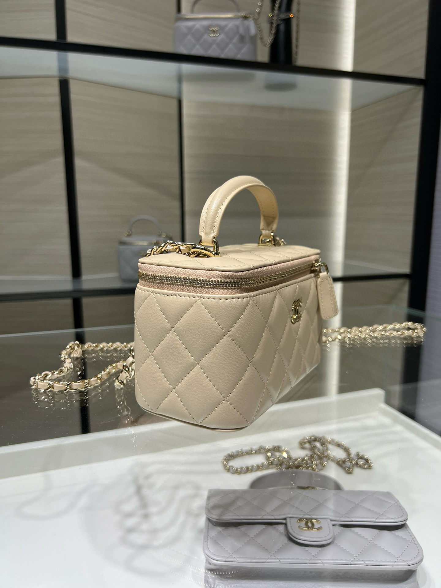 Chanel Long Vanity Top Handle Sandstone - chanel vanity top handle replica front view