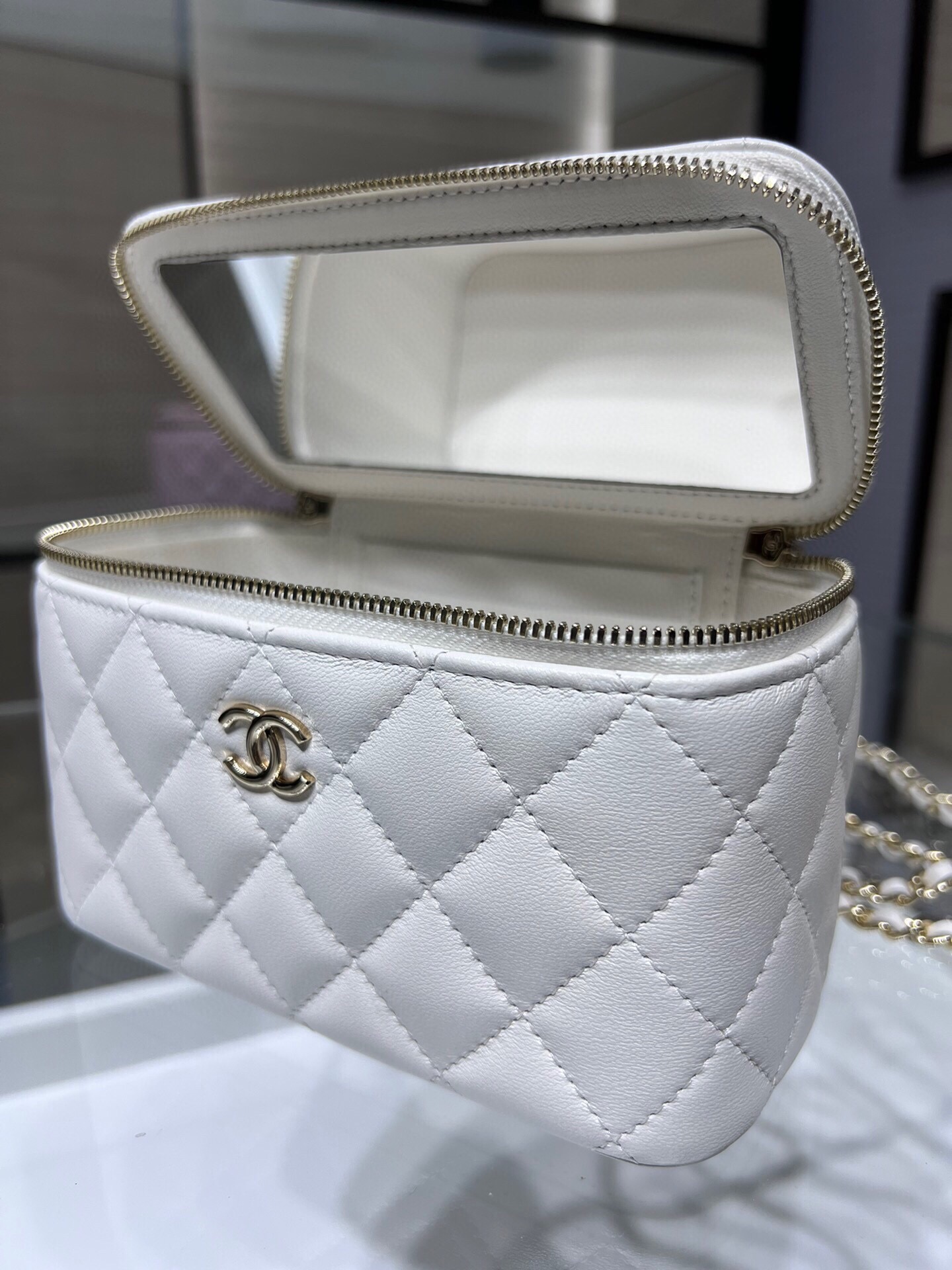 72110_white_2 Chanel Long Vanity Top Handle White - fake chanel vanity top handle detail 1