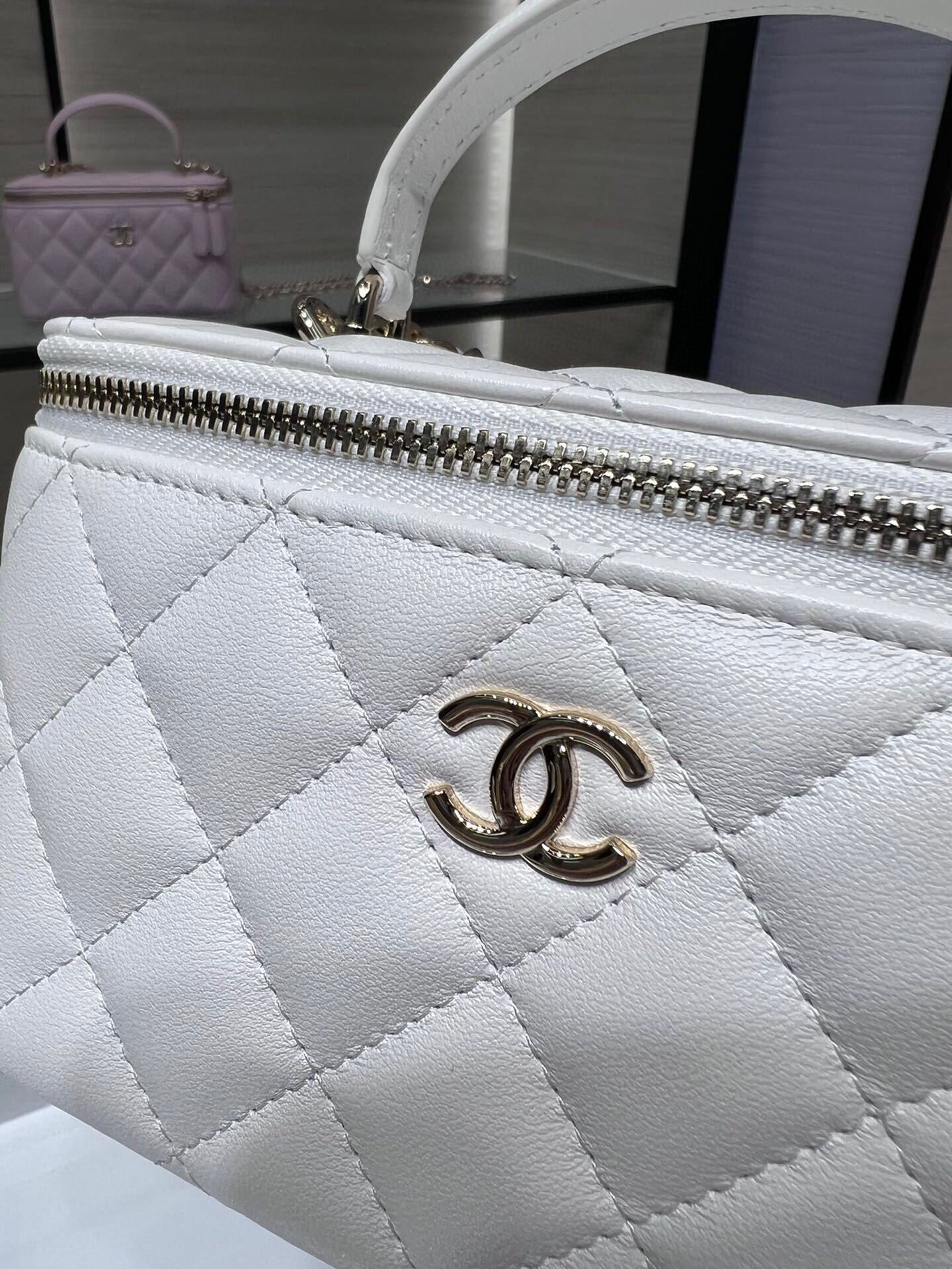 72110_white_3 Chanel Long Vanity Top Handle White - fake chanel vanity top handle detail 2