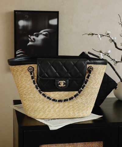 Chanel Large Shopping Raffia Tote Black