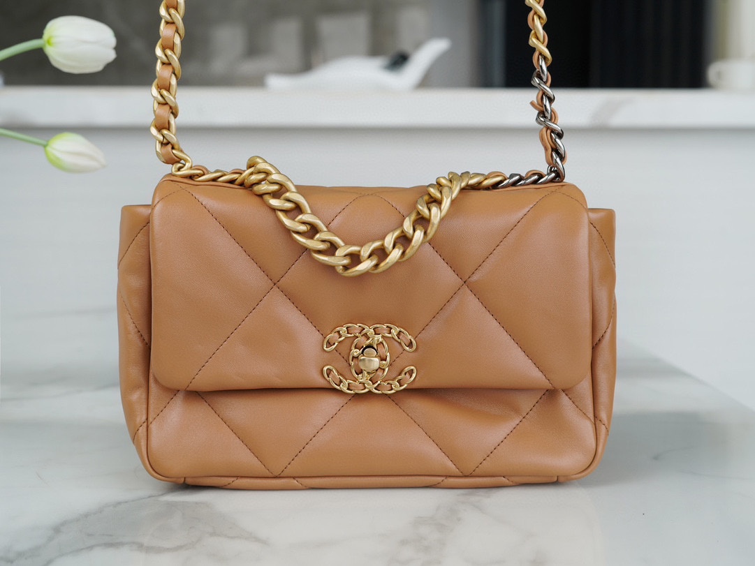 brown1 Chanel 19 Flap Bag Brown - fake chanel 19 front view