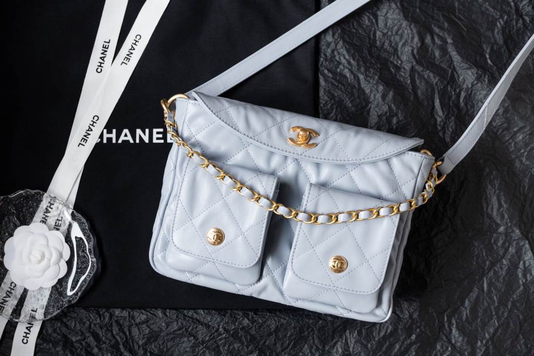 Chanel 24P Messenger Hobo Pale Blue - fake chanel hobo pale blue front view