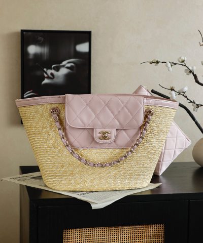 Chanel Büyük Boy Hasır Alışveriş Çantası, Pembe