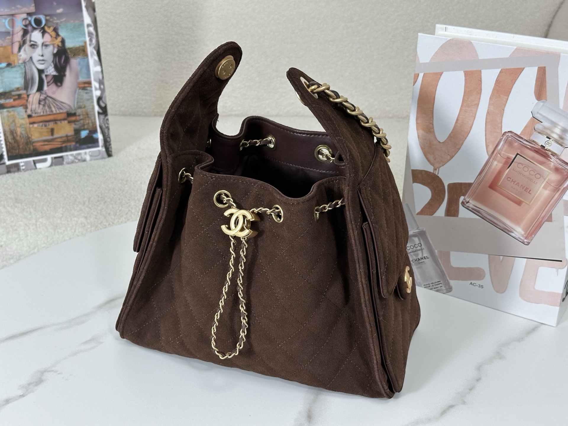 suede brown (2) Chanel 25 Small Bag Suede Brown - fake chanel 25 detail 1