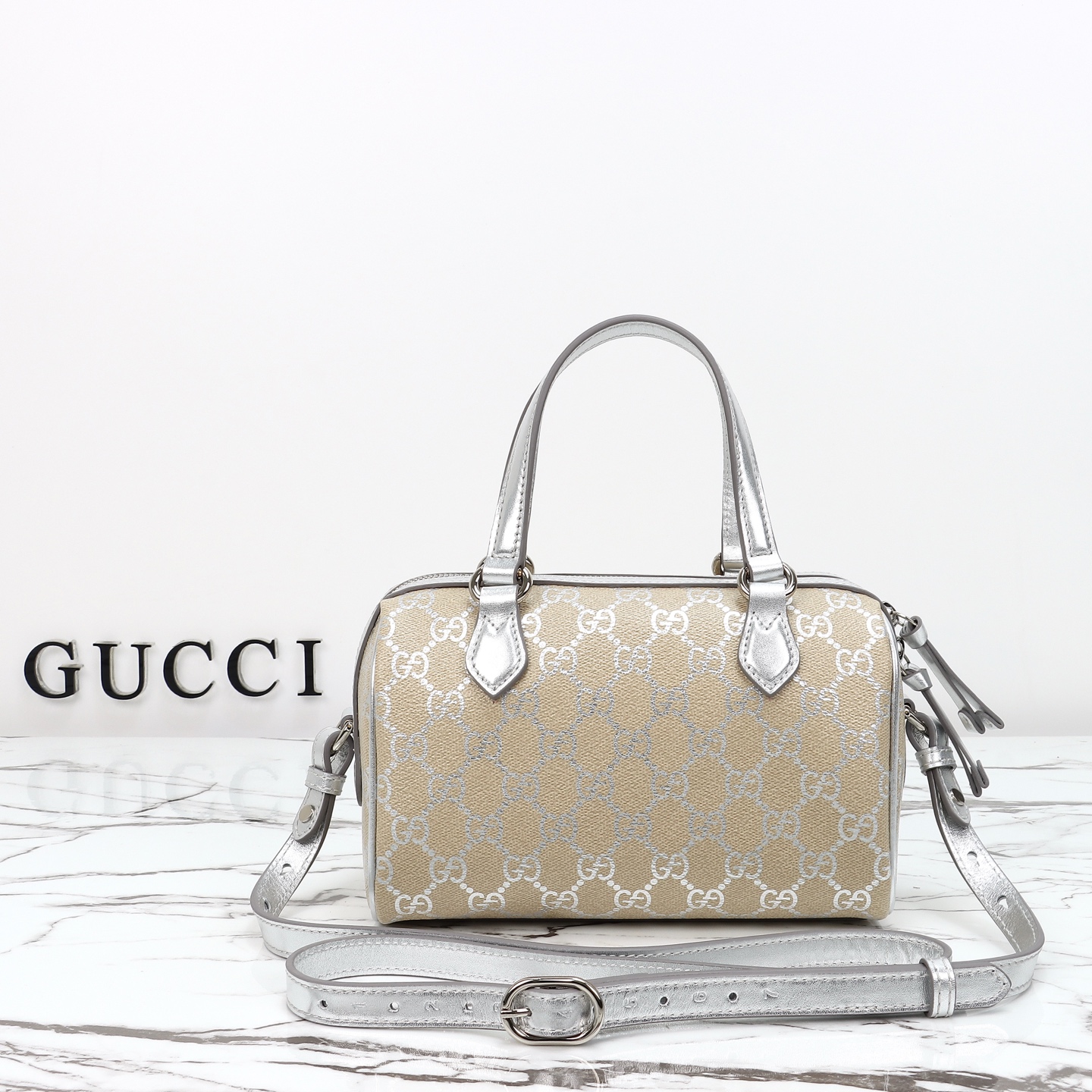 beige-and-silver-2.jpg Gucci Boston Small Replica - Side View